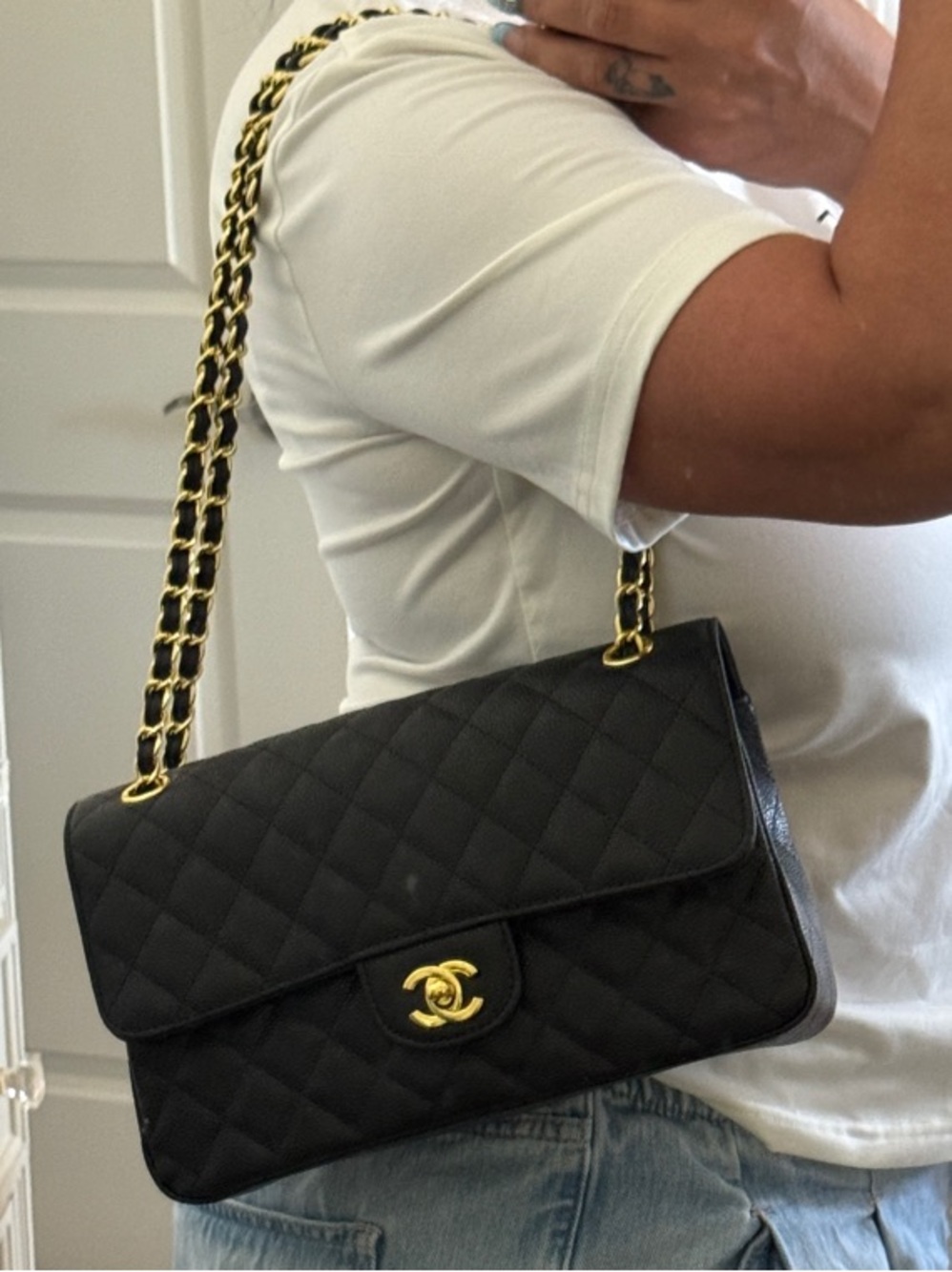 Black Quilted Caviar Leather Shoulder Bag with Shiny Gold Hardware - Picture 14 of 14